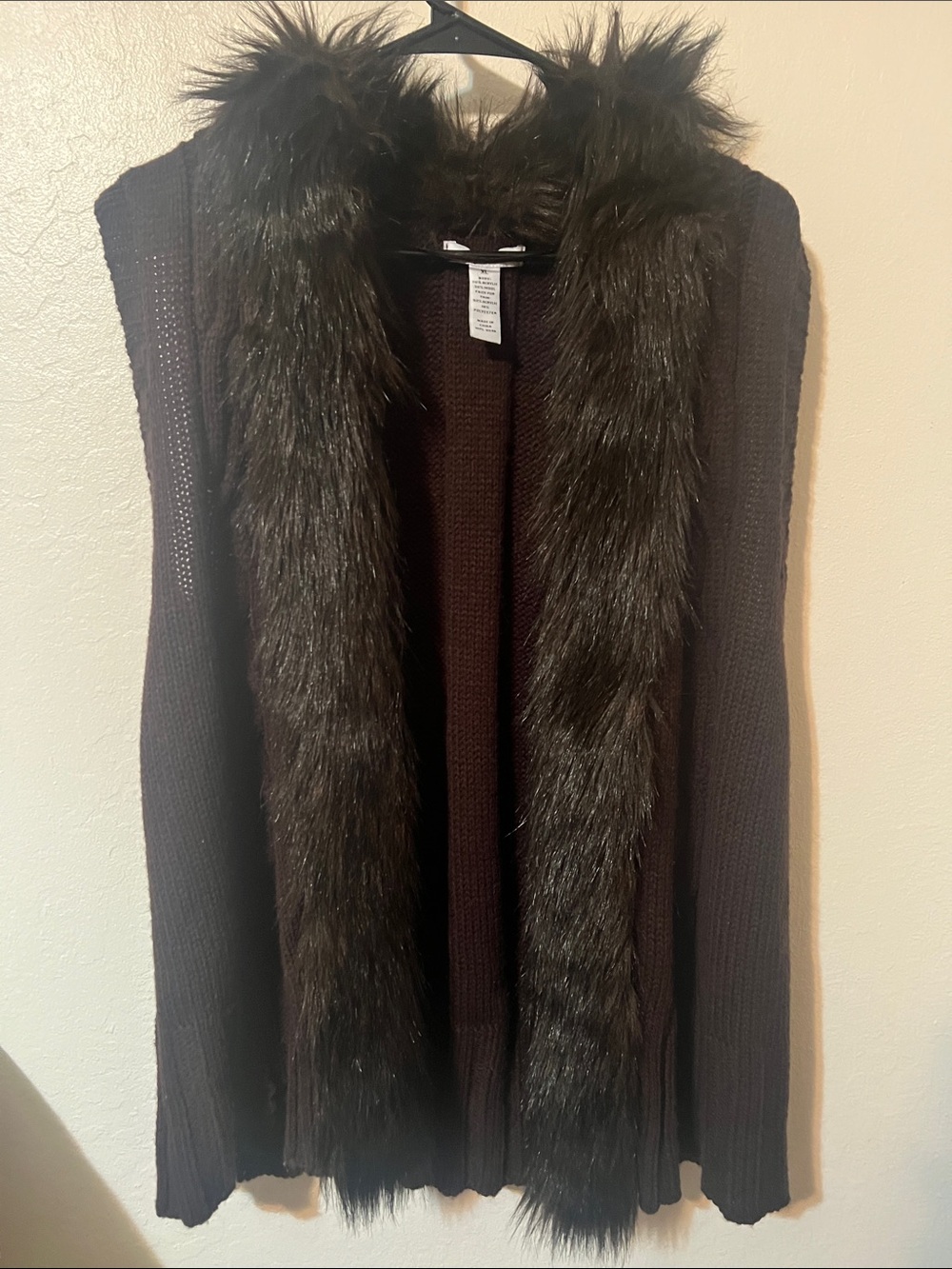 Style & Co. Dark Brown Open-Front Sweater Vest with Faux-Fur Trim